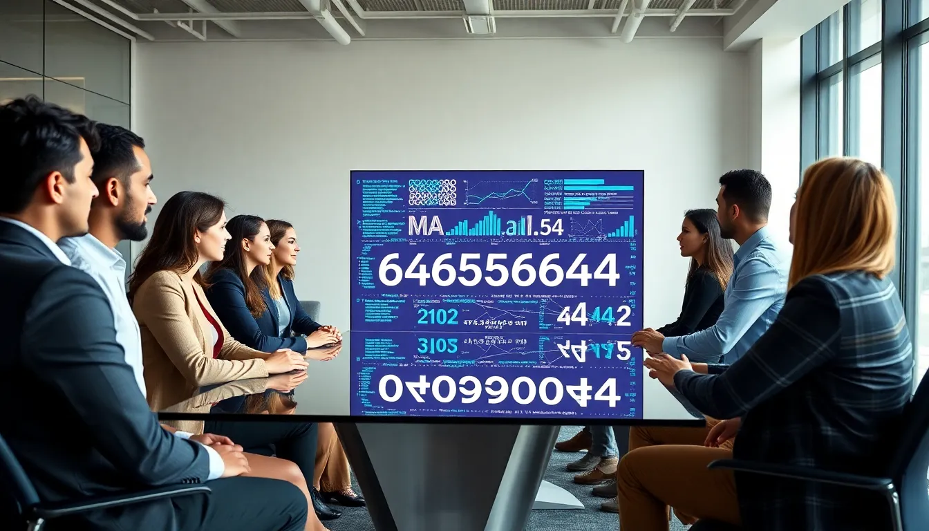 diverse professionals discussing the significance of numbers in a modern office.